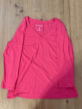 Nautica Women's V-Neck Long Sleeve Top in Bright Pink